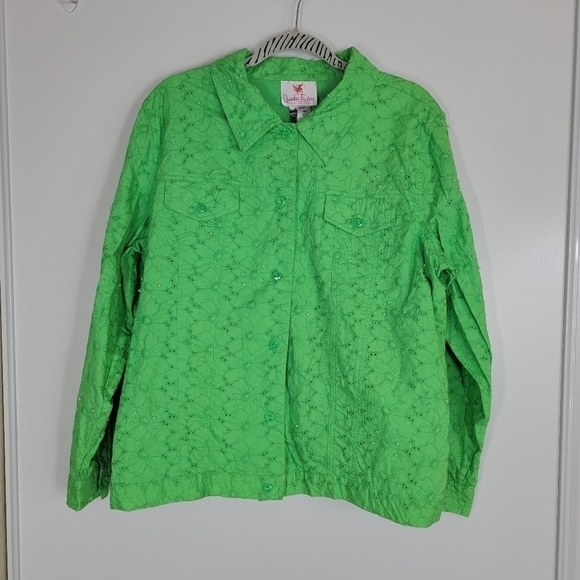 Quacker Factory Vintage Cotton Seed Pearls Eyelet Embroidered Green Jacket XL - Picture 3 of 17